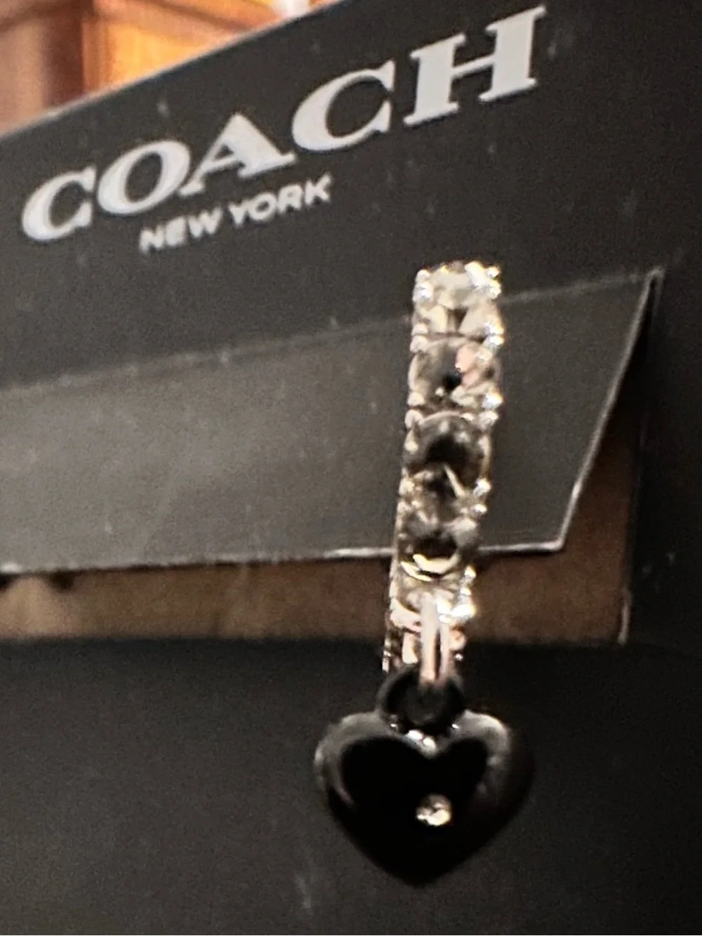 NWT Coach Women’s Black Heart Crystal Drop Heart Earrings - Picture 3 of 9